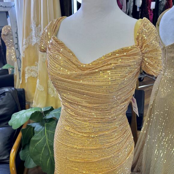 Gold Sequin Super Sexy Maxi Gown Ruched Draped Formal Coquette Dress Train S M - Picture 6 of 11
